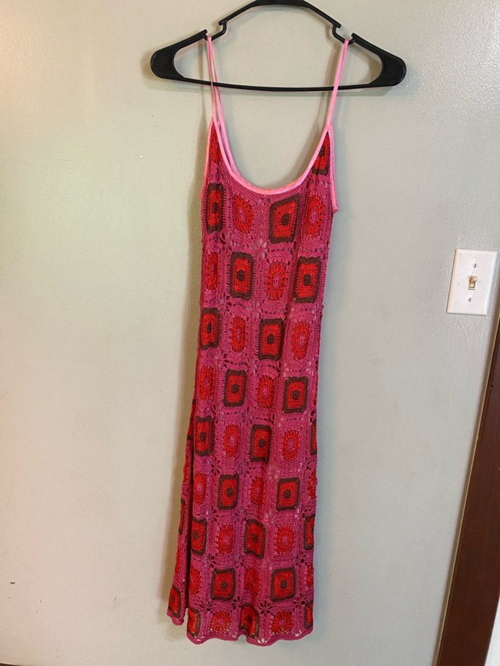 Cache Pink and Red Crochet Maxi Dress with Square Motifs